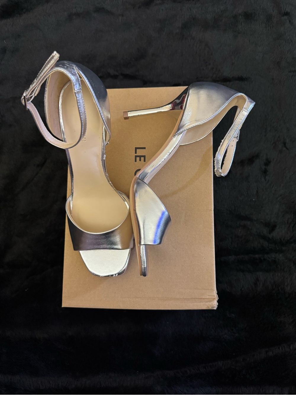 le chateau Metallic Silver Open-Toe Ankle-Strap Wedding Stellito Heels
